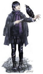  1girl bird black_coat black_hair black_pantyhose black_shoes black_skirt black_sweater blue_eyes cellphone coat commentary copyright_request crow english_commentary full_body goth_fashion highres holding holding_phone john_bridges lips long_hair long_sleeves low_ponytail miniskirt pale_skin pantyhose parted_lips phone pink_lips pleated_skirt ponytail purple_scarf scarf shirt shoelaces shoes skirt smartphone solo stone_floor sweater torn_clothes torn_pantyhose white_shirt 