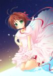  1girl brown_hair cardcaptor_sakura dress green_eyes highres kinomoto_sakura natsuka_(unagi-unagi-unagi) short_hair solo wings 