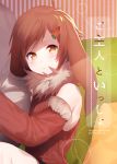  2boys animal_ears bare_shoulders brown_hair bunny_boy carrot_hair_ornament commentary_request cover cover_page detached_sleeves doujin_cover erubo fur_trim hair_ornament lop_ear_(erubo) multiple_boys original otoko_no_ko rabbit_ears ribbed_sweater sweater translation_request 