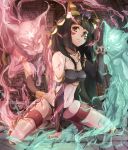  1girl animal_ears bandeau bastet_(p&amp;d) black_hair cat cat_ears cat_tail commentary_request detached_sleeves egyptian facial_mark ghost hieroglyphics jewelry long_hair navel necklace paw_pose poini_(king-scarlet-dead) puzzle_&amp;_dragons slit_pupils solo tail thigh_strap yellow_eyes 