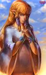  1girl blonde_hair blue_eyes bracelet courtney_chitsiga dress eyebrows hair_tubes hands_clasped highres jewelry lips long_hair looking_at_viewer nose pointy_ears princess_zelda sidelocks solo the_legend_of_zelda the_legend_of_zelda:_skyward_sword white_dress wide_sleeves 