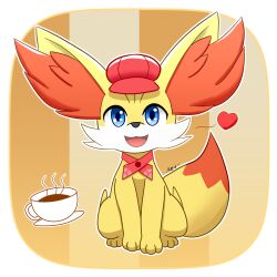  animal_ear_fluff blue_eyes clothed_pokemon coffee fennekin fokkorev hat heart highres looking_at_viewer multicolored_fur no_humans open_mouth orange_fur pokemon pokemon_(creature) pokemon_cafe_remix red_hat sitting solo tail white_fur yellow_fur 