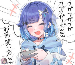  +++ 2girls black_choker blue_hair blue_hoodie blue_nails blush brown_hair choker closed_eyes emphasis_lines flower gradient_hair hair_flower hair_ornament highres holding hood hoodie multicolored_hair multiple_girls open_mouth pink_hair speech_bubble split-color_hair tachibana_hinano tears translation_request tsumugi_kokage two-tone_hair virtual_youtuber vspo! yunagi_(yng_hoti) 