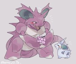  artist_name blue_skin blush closed_eyes colored_skin flower grey_background holding holding_flower looking_at_another mamebato nidoking nidoran nidoran_(female) open_mouth pink_flower pokemon pokemon_(creature) purple_skin simple_background tail 