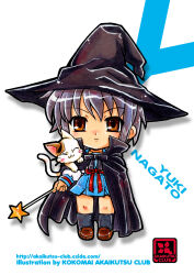  1girl absurdres animal animal_on_shoulder artist_name black_bow black_cape black_hat black_socks blue_skirt bow brown_eyes brown_shoes calico_(pattern) calico_cat cape cat cat_on_shoulder character_name chibi chibi_only circle_name closed_eyes closed_mouth commentary full_body grey_hair hat highres holding holding_wand kita_high_school_uniform kneehighs kokomahi loafers nagato_yuki official_alternate_costume red_ribbon ribbon school_uniform shamisen_(suzumiya_haruhi) shoes short_hair skirt smile socks standing star_wand suzumiya_haruhi_no_yuuutsu wand web_address winter_uniform witch witch_hat 