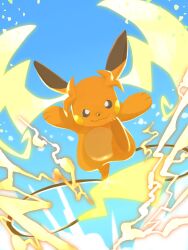  brown_eyes closed_mouth electricity highres looking_at_viewer mega_pokemon mega_raichu_y monomo_monomos no_humans orange_fur pokemon pokemon_(creature) pokemon_focus pokemon_legends:_z-a raichu smile solo tail very_long_ears very_long_tail yellow_fur 