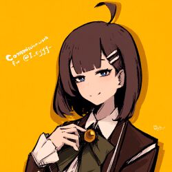  1girl absurdres ahoge blue_eyes bow bowtie brown_coat brown_hair coat collared_shirt commission green_bow green_bowtie hair_ornament hairclip highres hod_(project_moon) library_of_ruina long_sleeves looking_at_viewer medium_hair project_moon rnna shirt simple_background smile solo upper_body white_shirt yellow_background 