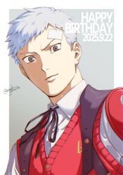  1boy armband bandaid bandaid_on_face bandaid_on_forehead birthday black_ribbon border closed_mouth collared_shirt dated gekkoukan_high_school_uniform grey_hair happy_birthday highres looking_at_viewer male_focus mochi_5meee neck_ribbon outside_border persona persona_3 red_armband red_sweater_vest ribbon sanada_akihiko school_uniform shirt short_hair solo sweater_vest twitter_username upper_body white_border white_shirt 
