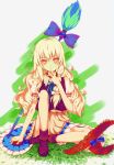  1girl blonde_hair bow broom dead_line hat hat_removed headwear_removed highres kirisame_marisa long_hair looking_at_viewer mini-hakkero red_eyes sitting solo star star-shaped_pupils symbol-shaped_pupils touhou witch_hat 