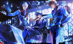  3boys absurdres alternate_costume aragaki_shinjirou black_jacket black_necktie blue_butterfly blue_eyes blue_jacket blue_pants book brown_hair bug butterfly card closed_mouth eeju floating floating_book floating_object gloves hands_in_pockets highres jacket male_focus multiple_boys necktie orange_eyes pants persona persona_3 sanada_akihiko short_hair sitting velvet_room white_gloves white_hair yuuki_makoto_(persona_3) 