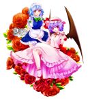  2girls ankle_socks apron bat_wings blue_hair braid cup expressionless floral_background flower hand_on_own_chin hat hat_ribbon high_heels himeka izayoi_sakuya lavender_hair looking_at_viewer maid_apron maid_headdress mob_cap multiple_girls parted_lips puffy_short_sleeves puffy_sleeves red_eyes red_rose remilia_scarlet ribbon ribbon-trimmed_legwear ribbon_trim rose short_hair short_sleeves simple_background sitting skirt skirt_set teacup teapot touhou tray twin_braids white_background wings wrist_cuffs 
