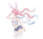  1girl 2015 ahoge animal_ears bangs blue_eyes blue_hair bow crop_top dated denim denim_shorts hair_bow hand_on_head highres long_hair midriff multicolored_hair navel personification pink_hair pokemon pokemon_(game) pokemon_xy ribbon shorts simple_background sleeveless solo sylveon thigh-highs twintails white_background wonst92 wrist_cuffs 