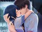  1boy 1girl black_hair brown_hair closed_eyes game_cg hair_over_eyes kiss rain short_hair tongue tsukayama_nagisa uhou_renka wet 