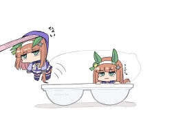  2girls animal_ears bow brown_hair chibi dual_persona ears_down green_eyes hairband highres horse_ears horse_girl horse_tail kawamochi_(tddm3573) long_hair long_sleeves mini_person minigirl motion_lines multiple_girls no_shoes parted_lips pleated_skirt puffy_long_sleeves puffy_sleeves purple_shirt purple_skirt purple_thighhighs school_uniform shadow shirt silence_suzuka_(umamusume) skirt sleeves_past_wrists tail thigh-highs tracen_school_uniform translation_request twitter_username umamusume very_long_hair wavy_hair white_background white_bow white_hairband yukimi_daifuku_(food) 