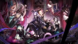  6+girls absurdres animal_ears arknights ave_mujica_(bang_dream!) back-to-back bang_dream! bang_dream!_it&#039;s_mygo!!!!! black_bonnet black_boots black_choker black_dress black_gloves black_hat black_pantyhose black_shorts black_thighhighs blonde_hair bonnet boots breasts brs_(33143752) candle cat_ears cat_girl cat_tail chinese_commentary choker commentary_request dog_ears dog_girl dog_tail dress ear_piercing fang gloves green-framed_eyewear hair_between_eyes hat highres horns knee_boots long_sleeves looking_at_viewer lying mannequin misumi_uika misumi_uika_(caged_singer) morpheus_(arknights) multiple_girls open_mouth pantyhose piercing pink_eyes puppet_strings purple_hair rabbit_ears rabbit_girl short_hair shorts sitting small_breasts stuffed_animal stuffed_rabbit stuffed_toy tail thigh-highs togawa_sakiko togawa_sakiko_(master_of_melodia) wakaba_mutsumi wakaba_mutsumi_(marionette&#039;s_id) wolf_ears wolf_girl yahata_umiri yahata_umiri_(moonlight_executioner) yuutenji_nyamu yuutenji_nyamu_(magician_of_passion) 