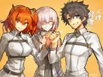  1boy 2girls ^_^ black_hair blue_eyes blush breasts clenched_hand closed_eyes fate/grand_order fate_(series) fujimaru_ritsuka_(female) fujimaru_ritsuka_(male) glasses grin highres looking_at_viewer melon22 multiple_girls orange_eyes orange_hair purple_hair shielder_(fate/grand_order) short_hair side_ponytail simple_background smile teeth underwear yellow_background 