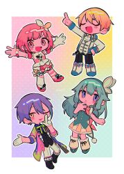  2boys 2girls :d :o ;3 \o/ \||/ aqua_hair arm_up arms_up asymmetrical_legwear back_bow bare_arms bare_shoulders bead-bracelet black_boots black_pants black_ribbon blonde_hair blue_sleeve_cuffs boots border bow bowtie butterfly_hair_ornament buttons chibi chibi_only chromatic_aberration clenched_hand closed_eyes coat collared_jacket commentary_request double-parted_bangs dress finger_to_own_chin footwear_bow full_body fur-trimmed_socks gloves gradient_background gradient_hair green_background green_bow green_bowtie green_hair green_hairband green_shoes green_vest hair_between_eyes hair_ornament hairband hand_on_own_hip highres horizontal-striped_thighhighs index_finger_raised jacket kamishiro_rui knee_boots kusanagi_nene long_hair looking_at_viewer loose_socks low-tied_sidelocks menma_(enaic31) miniskirt mismatched_legwear multicolored_hair multiple_boys multiple_girls no_sclera one_eye_closed ootori_emu open_clothes open_coat open_mouth orange_hair outline outside_border outstretched_arms pants pink_background pink_bow pink_bowtie pink_dress pink_eyes pink_hair pink_shoes pink_thighhighs pleated_skirt polka_dot polka_dot_background project_sekai purple_background purple_coat purple_hair ribbon ribbon-trimmed_socks ribbon_trim shoes short_hair sidelocks simple_background single_glove skirt smile socks standing streaked_hair tenma_tsukasa thigh-highs twitter_username two-tone_hair two-tone_thighhighs u_u very_long_hair vest violet_eyes white_boots white_border white_gloves white_jacket white_outline white_thighhighs wonderlands_x_showtime_(project_sekai) yellow_background yellow_eyes yellow_skirt yellow_socks 