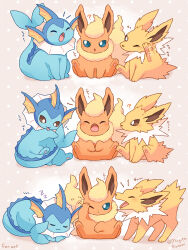  animal_focus blue_eyes blue_fur blush brown_eyes cetacean_tail closed_eyes closed_mouth commentary_request fins fish_tail flareon forked_tail full_body head_fins highres jolteon mugita_konomi neck_fur no_humans one_eye_closed open_mouth orange_fur pokemon pokemon_(creature) pokemon_focus simple_background smile tail tongue tongue_out vaporeon yawning yellow_fur 