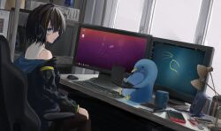  1girl black_hair black_jacket blue_eyes book commentary computer_keyboard computer_mouse cup desk facial_mark handheld_game_console headphones highres jacket kali_linux lamp linux monitor mug nintendo_switch off_shoulder original playstation_portable short_hair sitting solo speaker sweater symbol-only_commentary takagi_(takag1_k2) ubuntu white_sweater window 