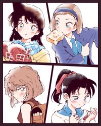  4girls adjusting_clothes backpack bag black_border black_hair blonde_hair blue_eyes blue_hairband blue_jacket blue_necktie blue_scarf blue_shirt blue_suit blue_vest blush border bread bread_slice breasts brown_bag brown_hair brown_shirt coat collared_shirt crossed_bangs food food_in_mouth haibara_ai hair_between_eyes hair_ribbon hairband highres jacket long_hair medium_breasts meitantei_conan mittens mouri_ran mouth_hold multiple_girls necktie parted_lips polo_tokki ponytail red_mittens red_ribbon ribbon scarf shirt short_hair smile spiky_hair straight_hair suit suit_jacket suzuki_sonoko toast toast_in_mouth tooyama_kazuha upper_body vest waistcoat wavy_hair white_background yellow_coat 