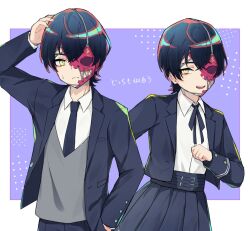  2girls alternate_costume armor black_hair black_jacket black_necktie black_ribbon black_skirt black_sleeve_cuffs collared_shirt commentary crossdressing crossdressing_(ftm) dual_persona frown grey_vest hair_between_eyes half_mask hand_in_pocket hand_on_own_head jacket kasugano_(owf_ksg) lapels long_sleeves looking_at_viewer mask multiple_girls neck_ribbon necktie notched_lapels open_clothes open_jacket purple_background rei_shimobe reverse_trap ribbon shirt short_hair shuten_order skirt sweatdrop two-tone_background upper_body vest white_background white_shirt yellow_eyes 