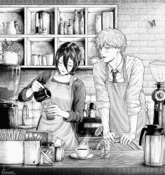  1boy 1girl absurdres apron blush bottle bug butterfly chainsaw_man choker coffee_beans coffee_maker collared_shirt commentary crosshatching cup denji_(chainsaw_man) drinking_straw faucet flower fuse greyscale hair_between_eyes hatching_(texture) highres holding holding_cup indoors instagram_logo instagram_username jar kettle linear_hatching long_hair_between_eyes looking_at_another marvin_(omarvin) monochrome necktie plant potted_plant pouring reze_(chainsaw_man) saucer sharp_teeth shirt signature sleeves_rolled_up spider spoon steam teacup teeth twitter_logo twitter_username wine_bottle 
