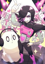  1boy :d absurdres android arm_up black_eyeshadow black_hair black_pants boots character_name colored_tips commentary_request cousins eyeshadow from_above full_body ghost gloves grey_tongue hair_over_one_eye hand_on_own_hip headphones heart high_heel_boots high_heels highres index_finger_raised knee_boots legs_apart looking_at_another makeup marueri mechanical_arms mettaton mettaton_ex multicolored_hair napstablook one_eye_covered open_mouth outline pants parted_lips pink_boots pink_eyes pink_hair short_hair simple_background smile sparkle standing teeth tile_floor tiles tongue two-tone_hair undertale upper_teeth_only utdr_(toby_fox) v-shaped_eyebrows white_gloves white_outline 
