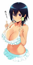  1girl bangs bikini bikini_skirt bikini_tan black_hair breasts cleavage closed_mouth collarbone frilled_bikini frills frown groin hair_between_eyes hair_tubes highres komori-san_wa_kotowarenai! komori_shuri large_breasts multicolored_eyes navel ponkotsu_(ayarosu) short_hair simple_background solo strap_gap strap_lift swimsuit tan tanline translated upper_body white_background white_bikini white_swimsuit 