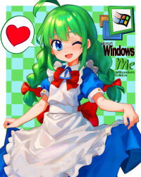  1girl ;d absurdres ahoge apron blue_dress blue_eyes border bow bowtie braid collared_dress dress english_commentary green_hair hair_bow heart highres long_hair looking_at_viewer me-tan microsoft_windows mixed-language_commentary one_eye_closed open_mouth os-tan puffy_short_sleeves puffy_sleeves red_bow red_bowtie short_sleeves skirt_hold smile solo speech_bubble spoken_heart tsukiyono_aroe twin_braids white_apron white_border windows_classic windows_me 