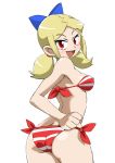  1girl ass back bandeau bangs bare_shoulders bikini blonde_hair bow breasts butt_crack cowboy_shot eyebrows eyebrows_visible_through_hair hair_bow looking_at_viewer looking_back low_twintails onnaski parted_bangs red_bikini red_eyes shantae shantae_and_the_pirate&#039;s_curse short_twintails side-tie_bikini sidelocks solo striped striped_bikini striped_swimsuit swimsuit twintails twitch_(shantae) under_boob white_background 
