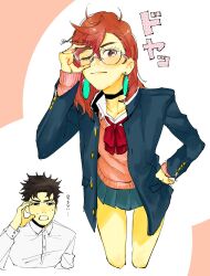  1boy 1girl adjusting_eyewear ayase_momo black_choker black_hair black_jacket blue_sky border bow bowtie breasts brown_hair choker clenched_teeth closed_mouth collared_shirt cosplay cowboy_shot cropped_legs cropped_torso crossed_bangs dandadan earrings furrowed_brow gakuran glasses gold_buttons hair_between_eyes hand_on_own_hip highres jacket jewelry leaning_forward looking_at_viewer medium_breasts medium_hair nabeoishi_705 one_eye_closed parted_bangs parted_lips pink_border pink_sweater pleated_skirt red_bow red_bowtie round_eyewear school_uniform shirt shirt_under_sweater short_hair skirt sky smile squinting sweatdrop sweater takakura_ken_(dandadan) takakura_ken_(dandadan)_(cosplay) teeth twitter_username upper_body white_background white_shirt 