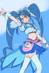  2015 adapted_costume alternate_costume alternate_hairstyle blue blue_eyes blue_hair blue_legwear blue_shirt blue_skirt blush color_connection cosplay crossover cure_aqua cure_berry cure_marine cure_mermaid dated earrings embarrassed fresh_precure! go!_princess_precure heartcatch_precure! highres isedaichi_ken jewelry long_hair midriff minazuki_karen navel precure shirt sketch skirt tagme thigh-highs thighs twintails wrist_cuffs yes!_precure_5 yes!_precure_5_gogo! 