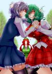  3girls =v= ascot blush_stickers braid breasts clenched_hands clenched_teeth fighting garter_straps green_hair hair_pull heart heavy_breathing highres hong_meiling impossible_clothes izayoi_sakuya juliet_sleeves kazami_yuuka large_breasts long_sleeves maid multiple_girls pantyhose pocky pocky_kiss puffy_sleeves red_eyes redhead s-m!le_yuu shaded_face shared_food short_hair sweat thick_thighs thigh-highs thighs touhou tree trembling vest white_hair yuri 