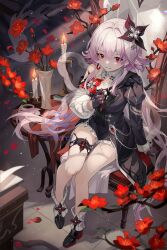  1girl asymmetrical_dress black_dress black_gloves black_shoes breasts candle chair dress evernight_(honkai:_star_rail) flower gloves hair_flower hair_ornament highres honkai:_star_rail honkai_(series) libero_art light_particles long_hair looking_at_viewer march_7th_(honkai:_star_rail) medium_breasts on_chair parted_lips pink_hair red_eyes red_flower shoes single_bare_shoulder sitting solo table 