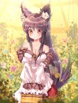  1girl animal_ears blush breasts brooch brown_hair cleavage collarbone dress flower highres imaizumi_kagerou jewelry long_hair long_sleeves looking_at_viewer nature off-shoulder_shirt off_shoulder red_eyes shirt smile solo tail touhou volcano_(liao) wolf_ears wolf_tail 