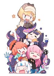  ! 5girls =_= artist_name beret black_thighhighs blonde_hair blue_eyes blue_hair brown_cape brown_skirt bubba_(watson_amelia) cape chibi closed_eyes commentary cookie crying crying_with_eyes_open death-sensei_(mori_calliope) deerstalker detached_sleeves ebi-chan_(gawr_gura) elbow_gloves fins fish_tail food gawr_gura gawr_gura_(1st_costume) gloves green_hair halo hat highres hololive holomyth kfp_employee_(takanashi_kiara) long_hair long_sleeves mori_calliope mori_calliope_(1st_costume) multicolored_hair multiple_girls namiorii ninomae_ina&#039;nis ninomae_ina&#039;nis_(1st_costume) open_mouth orange_hair orange_hat pink_hair polearm purple_hair shark_girl shark_tail sharp_teeth simple_background skirt smile streaked_hair symbol-only_commentary tail takanashi_kiara takanashi_kiara_(1st_costume) takodachi_(ninomae_ina&#039;nis) tears teeth tentacle_hair tentacles thigh-highs trident two-tone_hair violet_eyes virtual_youtuber watson_amelia watson_amelia_(1st_costume) weapon white_background white_gloves white_hair 