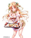  1girl akira_(natsumemo) apron baking_sheet bare_shoulders bell bell_choker blonde_hair blush bow breasts choker christmas christmas_stocking christmas_tree cleavage cookie earrings food gingerbread_man hair_bow hair_ribbon hairband heart heart_earrings jewelry large_breasts long_hair looking_at_viewer open_mouth original oven_mitts red_eyes ribbon simple_background smile snowman solo star white_background 