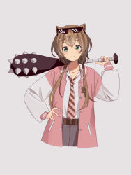  1girl absurdres animal_ears ayunda_risu brown_hair club_(weapon) commentary cropped_torso deal_with_it_(meme) eyewear_on_head green_eyes grey_background hair_ornament hand_on_own_hip highres hololive hololive_indonesia jacket long_hair long_sleeves looking_at_viewer low_twintails meme mendako_(wjkgreat) necktie open_clothes open_jacket over_shoulder pink_jacket shirt simple_background smile solo spiked_club squirrel_ears squirrel_girl striped_necktie sunglasses symbol-only_commentary twintails virtual_youtuber weapon weapon_over_shoulder white_shirt 