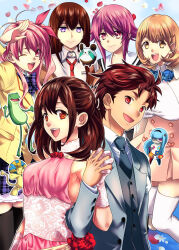  1boy 5girls :d bare_shoulders blue_eyes blue_hair blush breasts brown_eyes brown_hair chaos;child chaos;head closed_eyes dress flower formal_clothes gero-froggy gloves hair_ornament hekiho_academy_school_uniform highres holding_hands ikuhashi_muiko long_hair makise_kurisu multiple_boys multiple_girls narusawa_ryouka necktie occultic;nine onoe_serika open_mouth phinx_(robotics;notes) pink_eyes pink_hair ponytail red_eyes red_hair robotics;notes sakihata_rimi school_uniform science_adventure senomiya_akiho short_hair skirt smile steins;gate suimei_academy_school_uniform thigh-highs upa_(steins;gate) yashio_kaito zonko_(occultic;nine) 