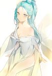  1girl bare_shoulders blue_hair breasts cleavage closed_mouth collarbone dress grey_eyes grey_eyes hair_slicked_back half_updo legs long_sleeves looking_at_viewer lp_(hamasa00) off_shoulder original simple_background sitting smile solo white_background white_dress 