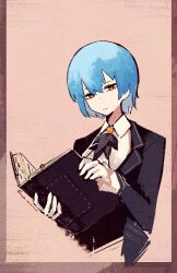  1girl absurdres angela_(project_moon) ascot black_vest blue_coat blue_hair book border brown_background brown_border closed_mouth coat collared_shirt gloves highres holding holding_book library_of_ruina long_sleeves looking_at_viewer project_moon rnna shirt short_hair simple_background solo upper_body vest white_ascot white_gloves white_shirt yellow_eyes 