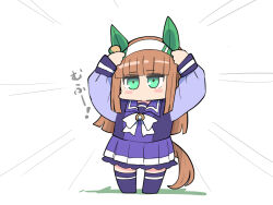  1girl animal_ears arms_up blush_stickers bow brown_hair chibi full_body green_eyes hairband highres horse_ears horse_girl horse_tail kawamochi_(tddm3573) long_hair long_sleeves no_shoes pleated_skirt puffy_long_sleeves puffy_sleeves purple_shirt purple_skirt purple_thighhighs shirt silence_suzuka_(umamusume) simple_background skirt sleeves_past_wrists solo standing tail thigh-highs translation_request umamusume very_long_hair white_background white_bow white_hairband 