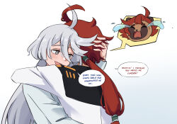  2girls ahoge ahoges_touching arms_around_neck asticassia_school_uniform blush commentary eenakulot english_text gradient_background grey_eyes grey_hair gundam gundam_suisei_no_majo hand_in_another&#039;s_hair highres hug jacket long_hair long_sleeves miorine_rembran multiple_girls open_mouth school_uniform shirt smile speech_bubble suletta_mercury tanuki tears white_background white_jacket white_shirt yuri 