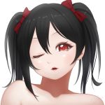  1girl black_hair bon_nob love_live!_school_idol_project one_eye_closed red_eyes simple_background solo twintails white_background yazawa_nico 