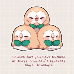  animal_focus beak bird blush closed_eyes closed_mouth english_text no_humans open_mouth owl pokemon pokemon_(creature) pokemon_focus rowlet sevi_(seviyummy) simple_background 