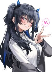  1girl absurdres black_hair black_horns blush breasts coat demon_girl demon_horns demon_wings ear_piercing glasses gradient_horns green_tea_(matchaistasty) grey_coat grey_necktie hair_intakes heart highres horns ichinose_uruha ichinose_uruha_(6th_costume) large_breasts long_hair long_sleeves looking_at_viewer multicolored_horns necktie official_alternate_costume official_alternate_hairstyle one_eye_closed piercing purple_horns purple_streaks round_eyewear semi-rimless_eyewear shirt simple_background single_off_shoulder smile solo spoken_heart sweat tie_clip two-tone_horns upper_body v violet_eyes vspo! white_background white_shirt wings 