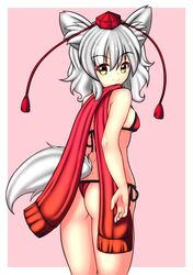  1girl animal_ears ass bikini blush breasts hat inubashiri_momiji kagayama_hajime looking_at_viewer looking_back pink_background red_scarf scarf short_hair silver_hair simple_background smile solo swimsuit tail tokin_hat touhou wolf_ears wolf_tail yellow_eyes 