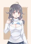  1girl ahoge blush breasts bufudain cleavage cleavage_cutout commentary_request kantai_collection long_hair looking_at_viewer low_twintails open-chest_sweater open_mouth purple_hair red_eyes ribbed_sweater solo sweater taigei_(kantai_collection) turtleneck twintails 