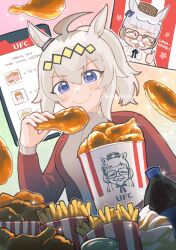  ahoge animal_ears biscuit_(bread) blue_eyes blunt_bangs blush bottle bow brown_hat bucket bucket_of_chicken cellphone chicken_(food) chicken_leg closed_eyes closed_mouth colonel_sanders colonel_sanders_(cosplay) cosplay ear_bow ear_ornament fake_beard fake_facial_hair fake_goatee fake_mustache fast_food food french_fries fried_chicken glasses glutton gold_ship_(umamusume) grey_hair hair_between_eyes hair_ornament hairband hat highres holding holding_food horse_ears horse_girl jacket kfc krispiacity logo_parody long_hair long_sleeves multicolored_hair multiple_girls oguri_cap_(umamusume) open_mouth phone pillbox_hat red_jacket red_track_suit sauce shirt smartphone smile soda soda_bottle suit takeout_container thumbs_up tracen_training_uniform track_jacket track_suit umamusume upper_body white_shirt 