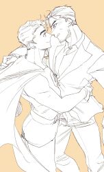  2boys arm_around_shoulder arm_around_waist batman batman_(series) bodysuit briefs bruce_wayne cape carrying carrying_person clark_kent clenched_teeth closed_mouth collared_shirt commentary dc_comics feet_out_of_frame greyscale_with_colored_background hashtag-only_commentary highres holding jacket lapels male_focus male_underwear malfunc_1701 multiple_boys open_clothes open_shirt orange_background pants profile shirt short_hair sideburns simple_background sketch smile suit_jacket superman superman_(series) teeth underwear wing_collar 